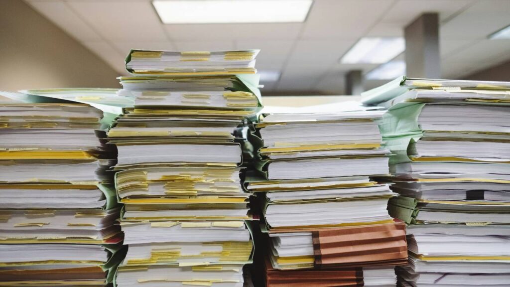 Paperwork stacks photographed from up close