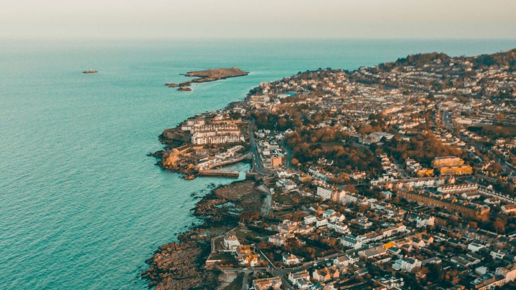 An aerial photo of Dublin and the Irish Sea
