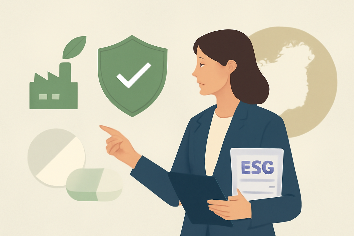 Editorial illustration of Irish pharmaceutical compliance and building energy management, considered consulting register
